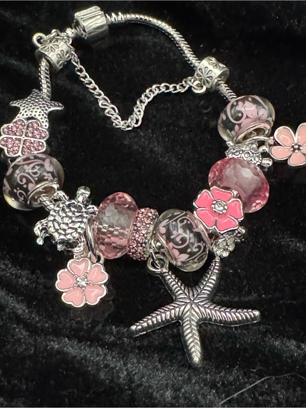 Beach Life Charm Bracelet with Starfish, Turtles, and Murano Glass Charms